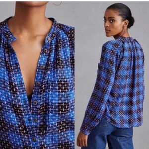 Anthropologie Pilcro Embroidered Plaid Button Up Womens M Crew Neck Long Sleeve